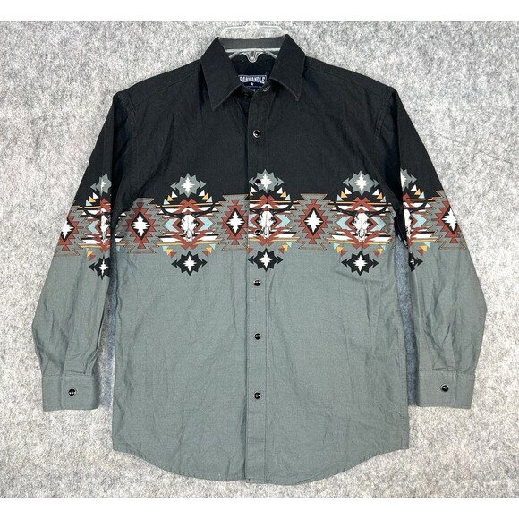 Panhandle Boys Western Rodeo Bull Skull Gray Snap Shirt Sz L 14 Long Sleeve - Picture 1 of 8